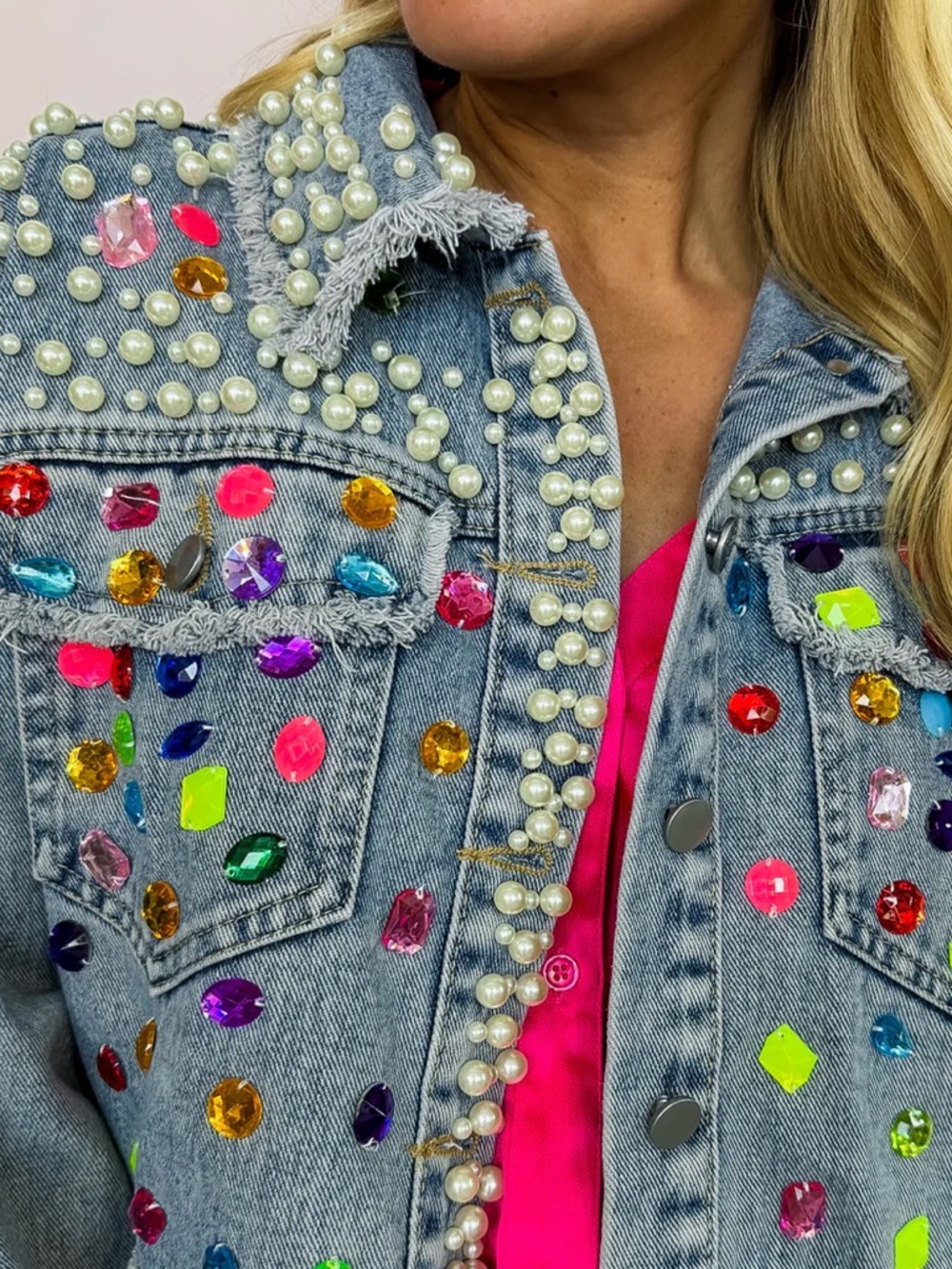 Main Character Denim Jacket with Pearls & Multicolor Gems
